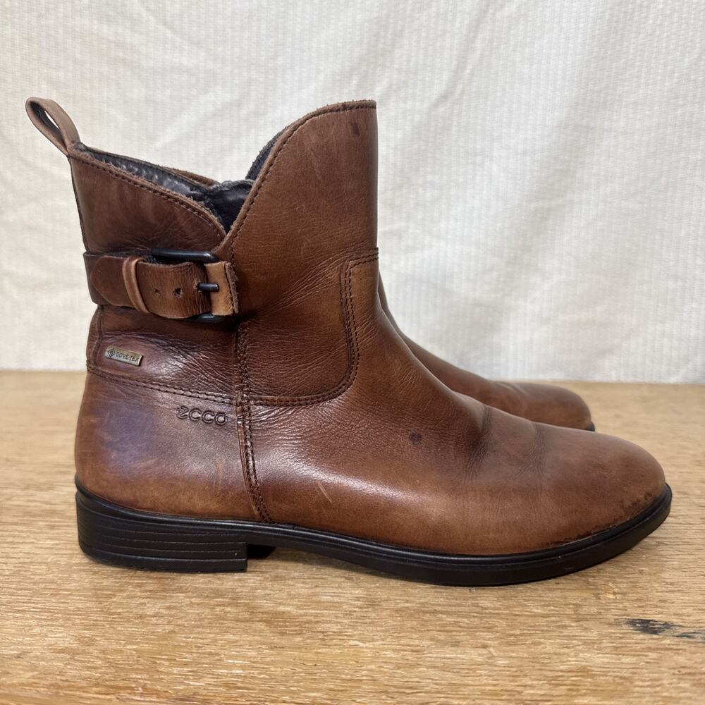 ECCO GORE-TEX Brown Leather Ankle Boots Waterproof Buckle Comfort Booties